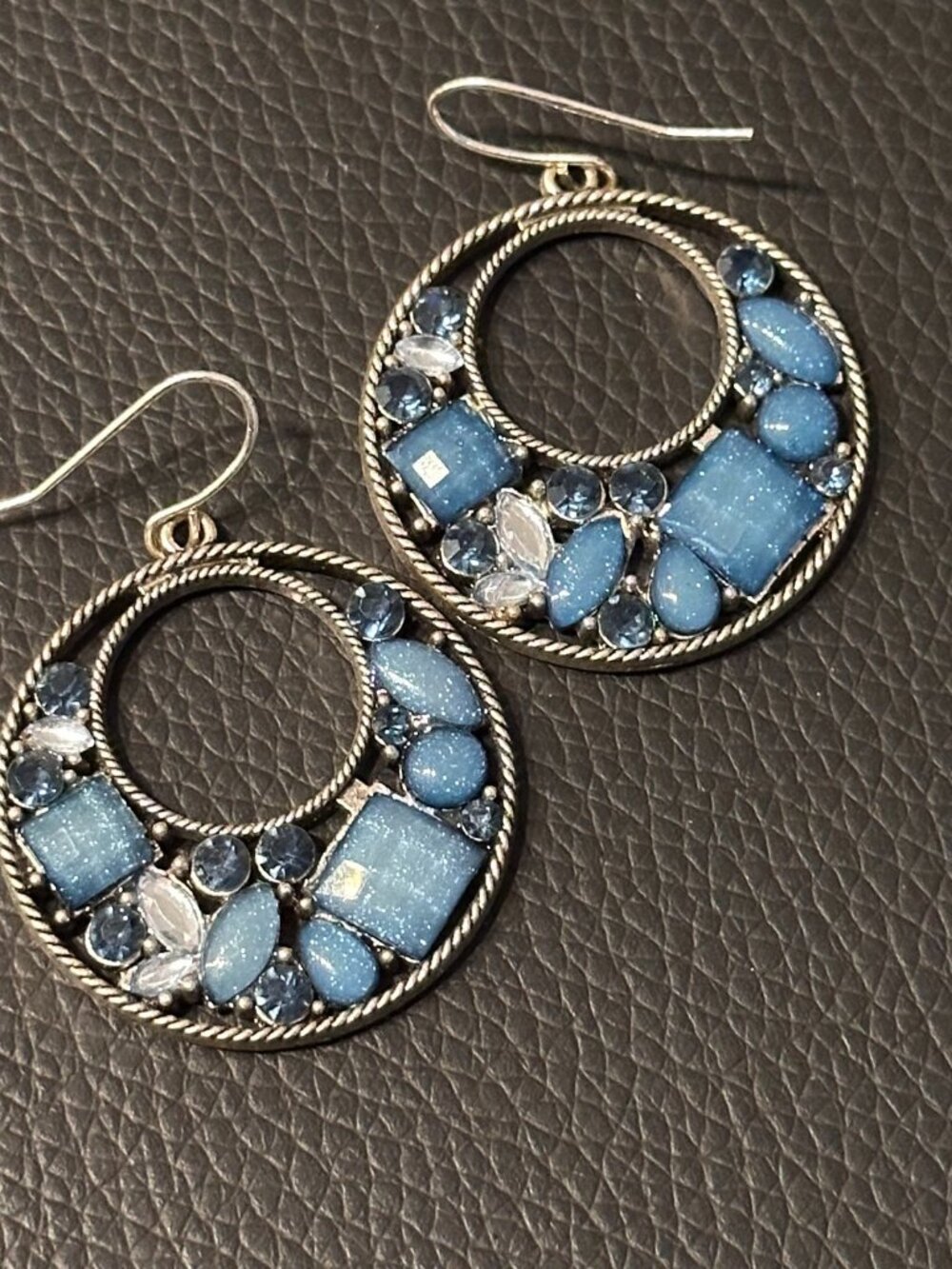 3/$30 Open Circle Hoop Earrings Silver Blue Rhinestone Boho Geometric Dangle